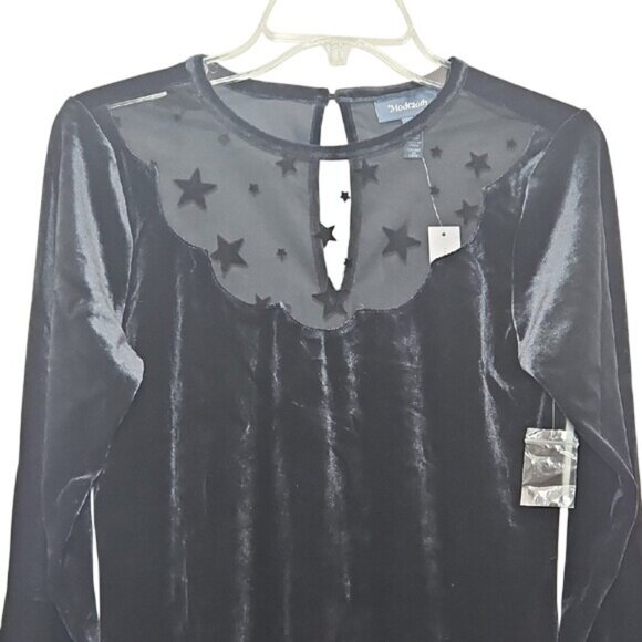 Modcloth Beyond The Shade Of Night Velvet Sheer Star Dress Small New Black Dark - Picture 3 of 10